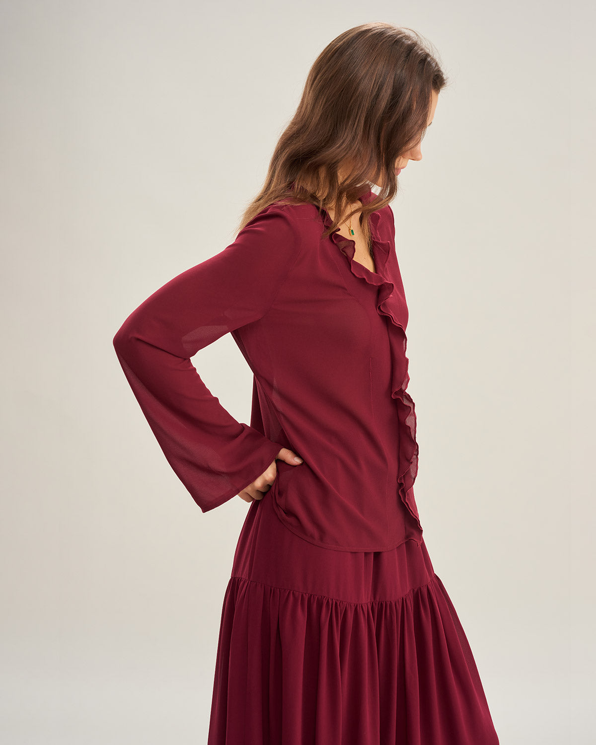 Wine Red Ruffle Chiffon Shirt