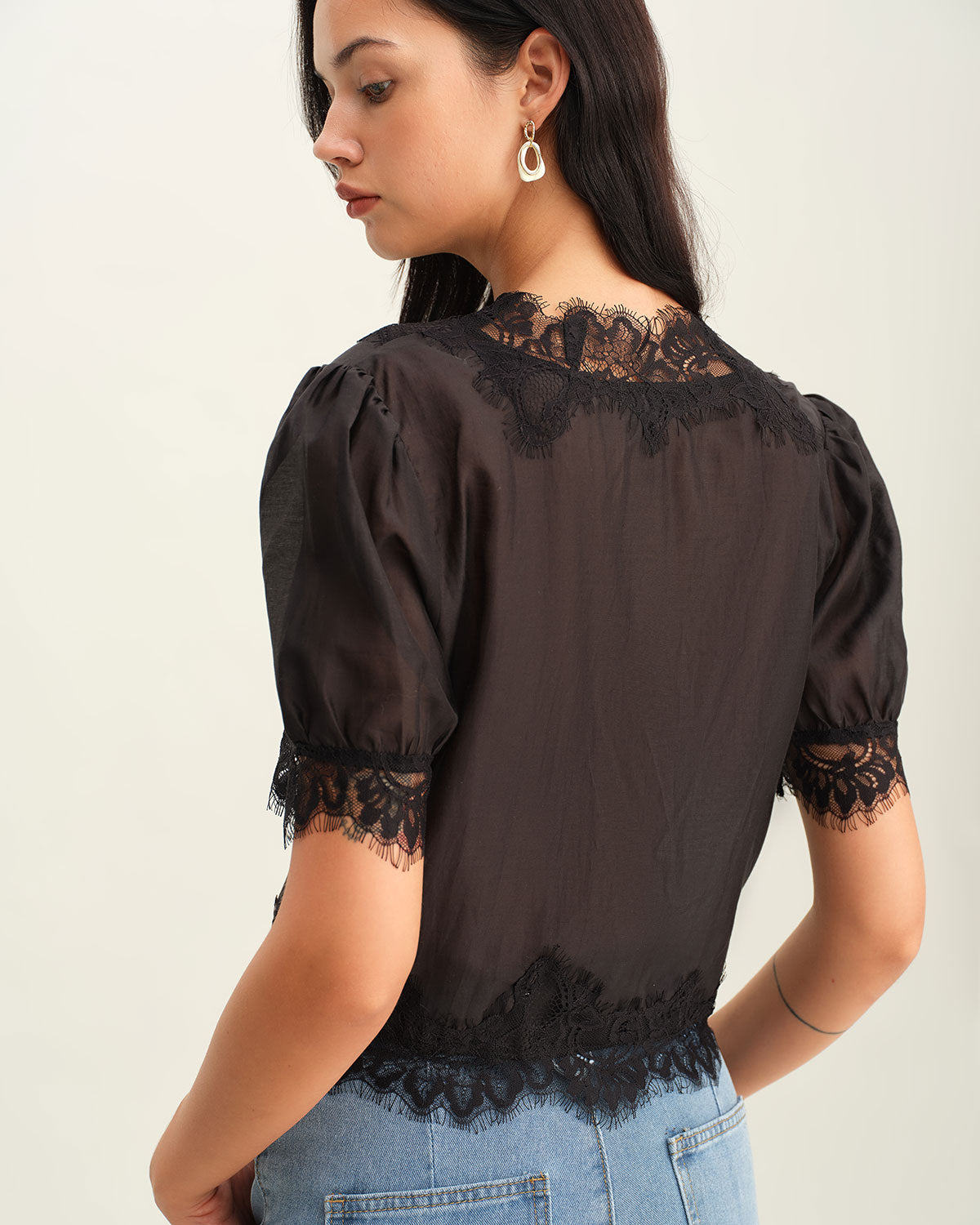 Black Puffed Sleeve Lace Blouse