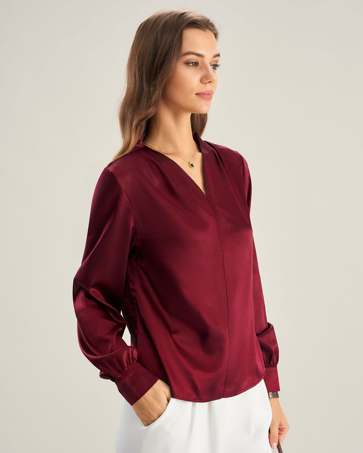 Wine Red Satin V Neck Shirt