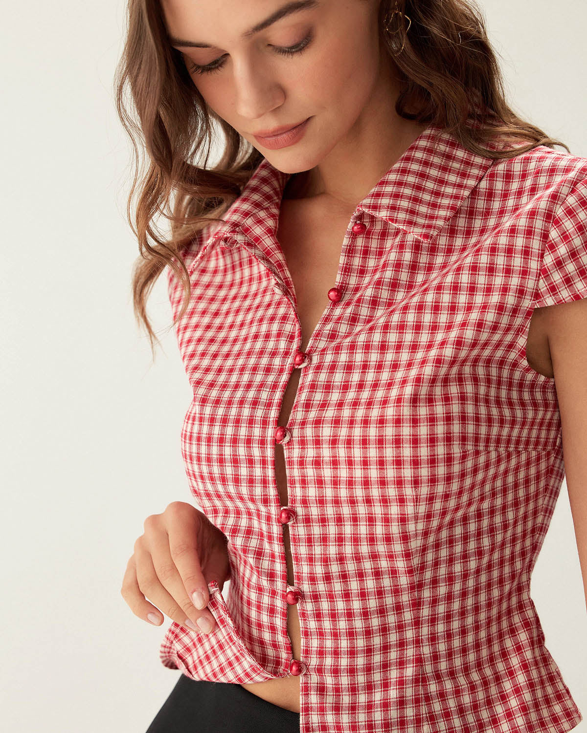 Red Plaid Cap Sleeve Button Blouse