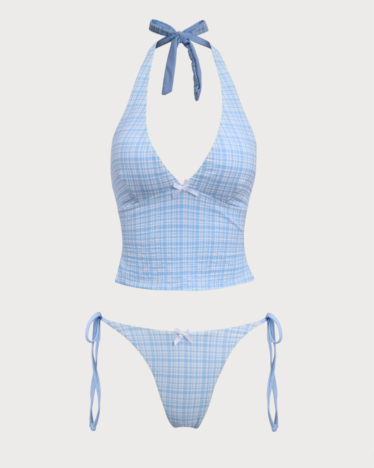 Blue Knitted Plaid Tankini Swimsuit