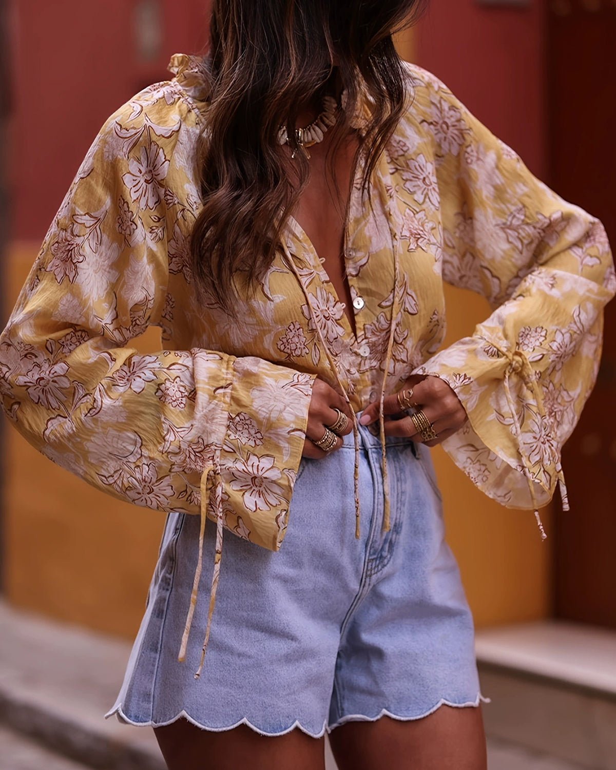 Yellow Floral Ruffle Bell Sleeve Shirt
