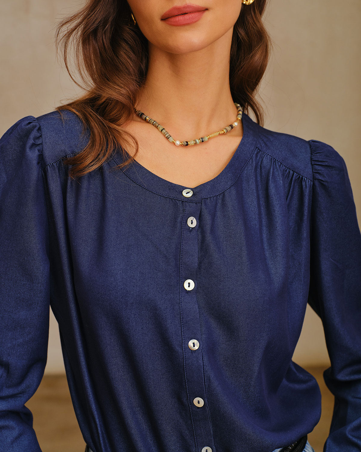 Navy Round Neck Puffed Sleeve Blouse
