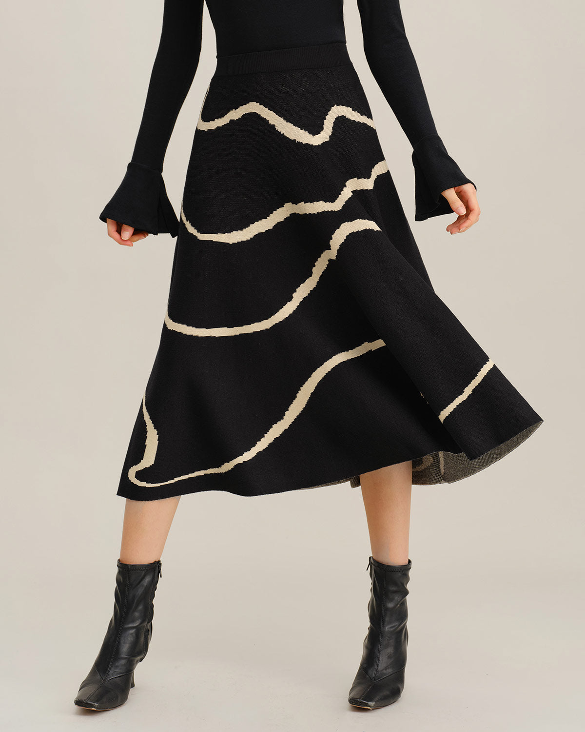 Black Geometric Elastic Waist Midi Skirt