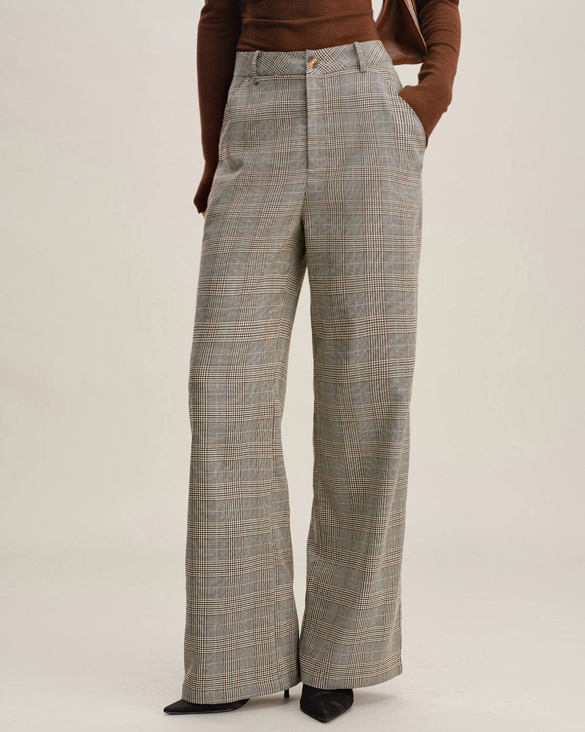 Khaki Plaid Straight Casual Pants