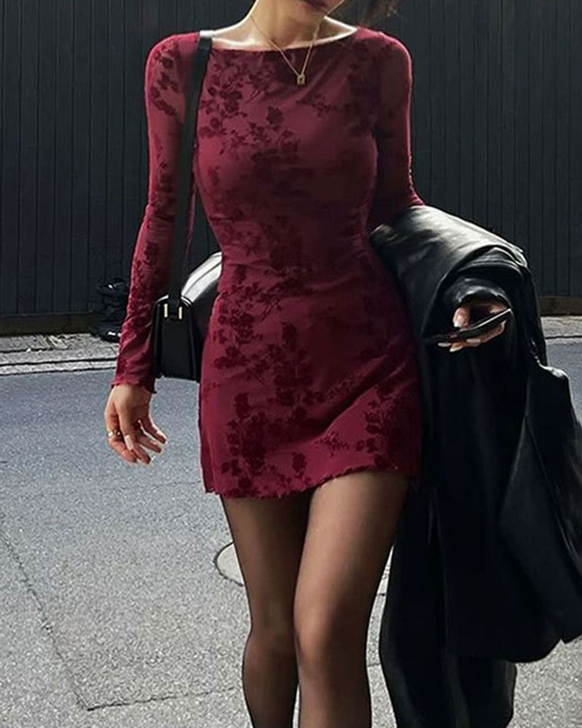 Red Floral Round Neck Mini Dress