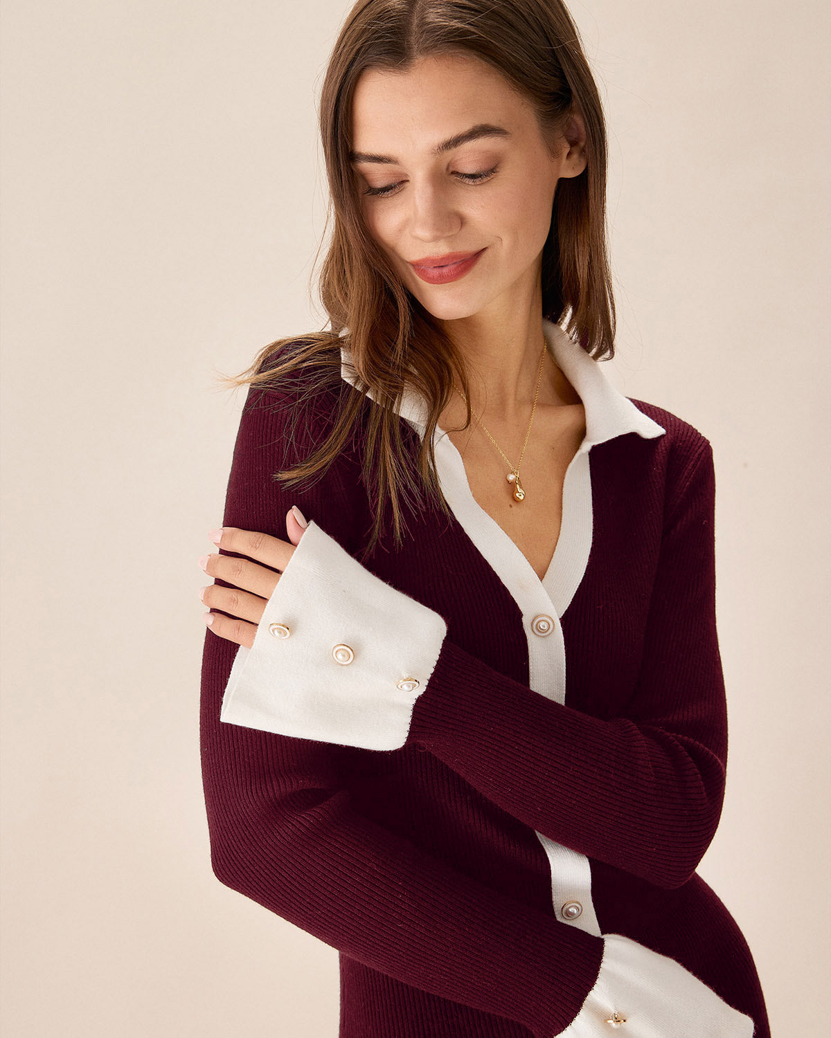 Wine Red Contrasting Sweater Dress