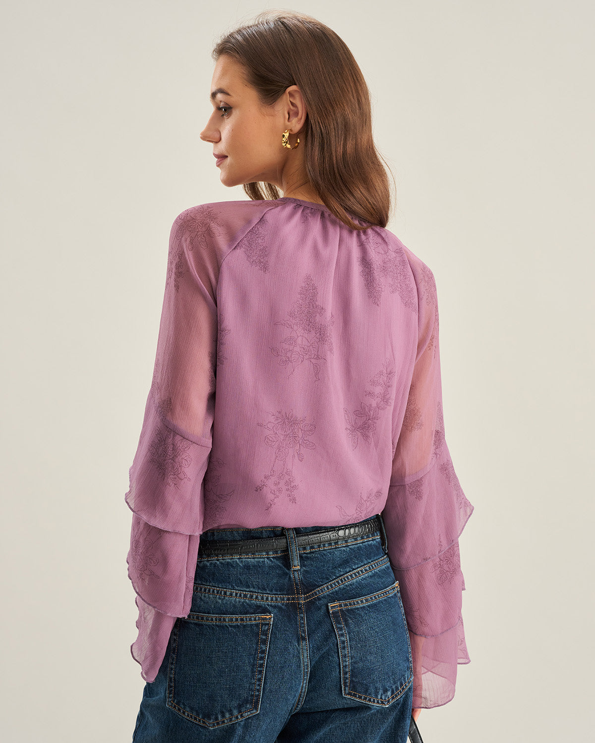 Purple Floral Chiffon Ruffle Blouse