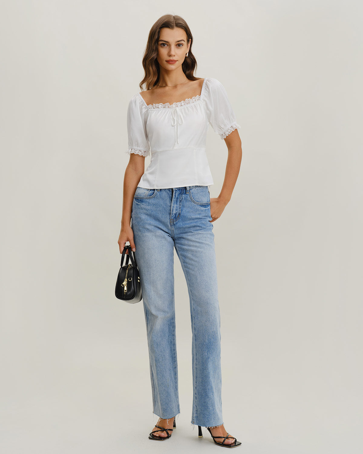 White Square Neck Lace Satin Blouse