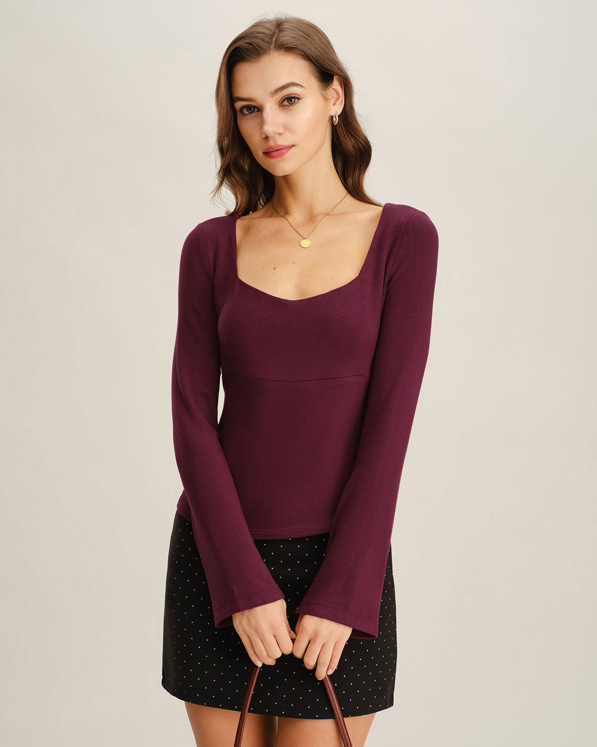 WIne Red V Neck Bell Sleeve Knit Tee