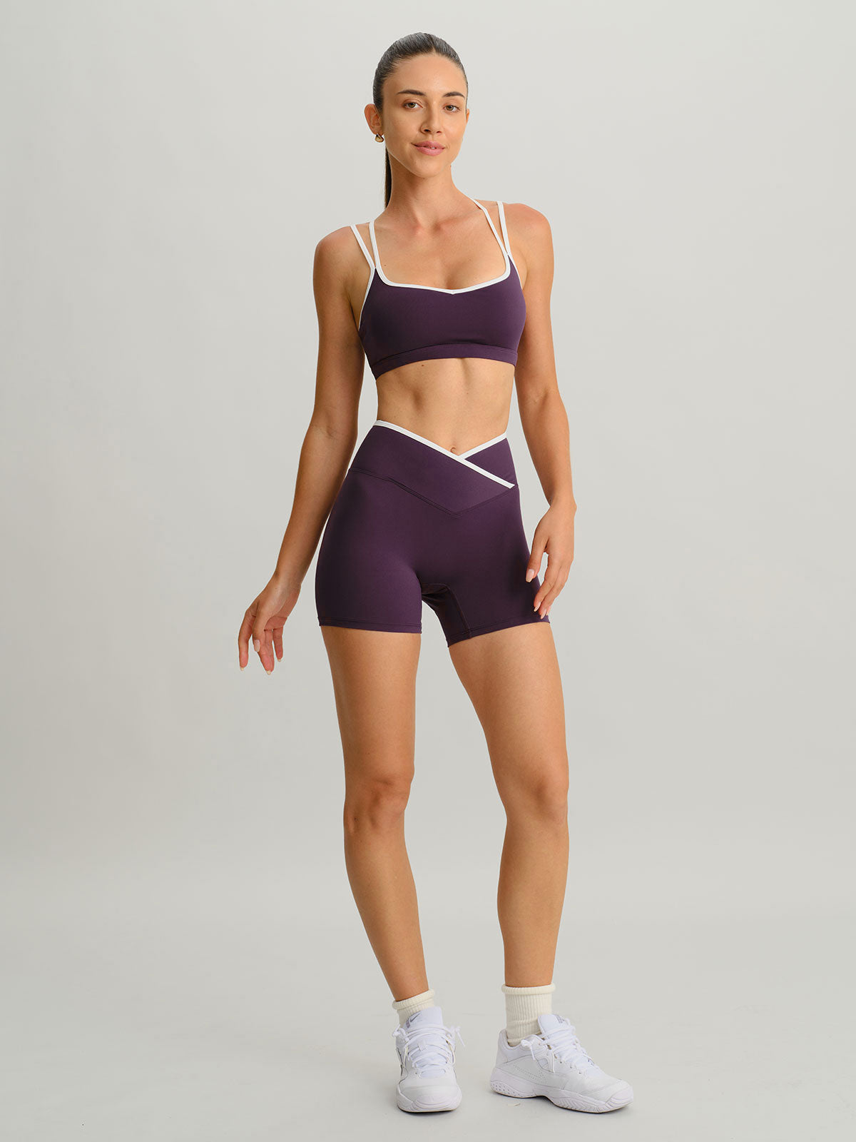 Purple Contrast Front-Cross Sports Shorts 3