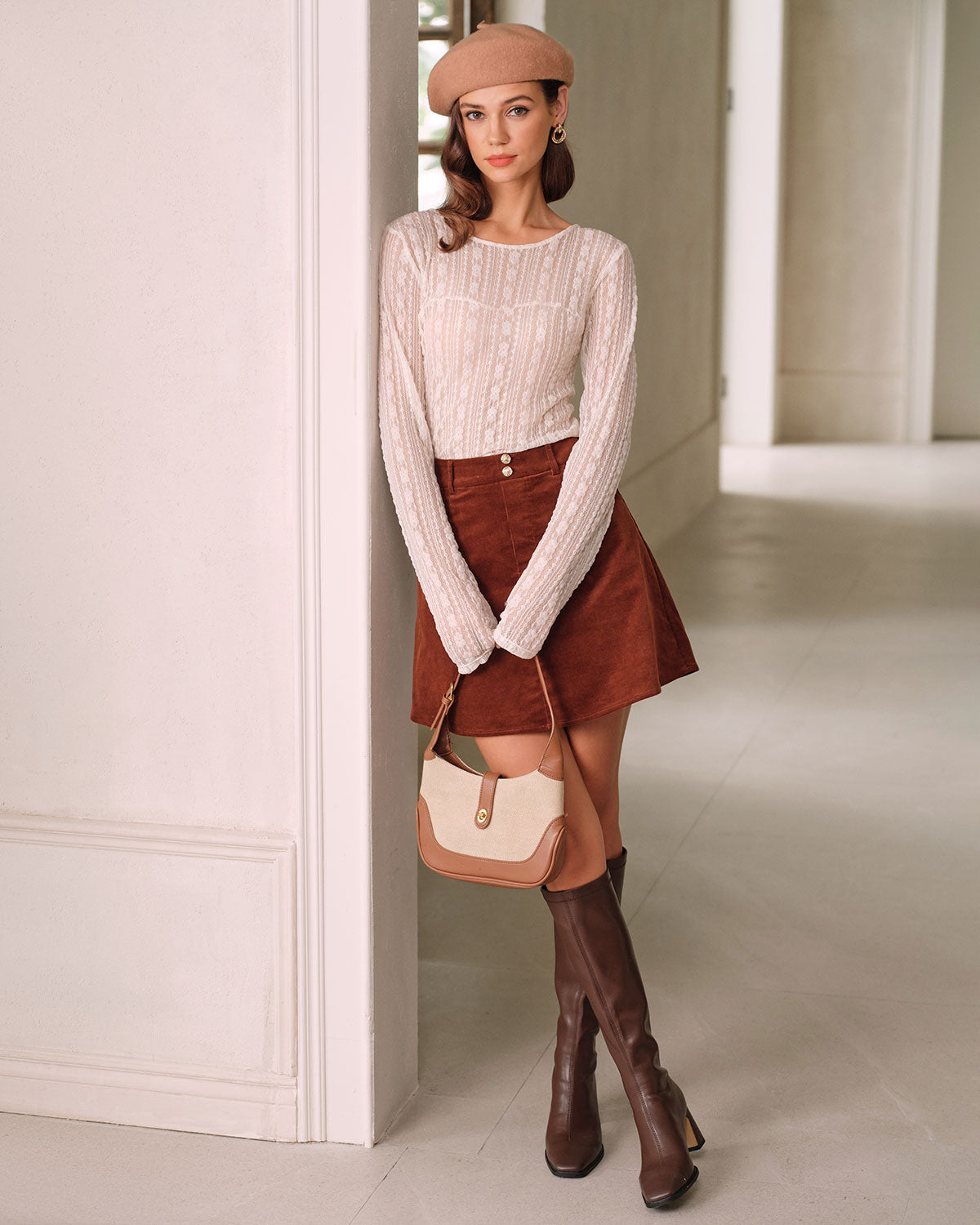 Brown Corduroy A-Line Mini Skirt