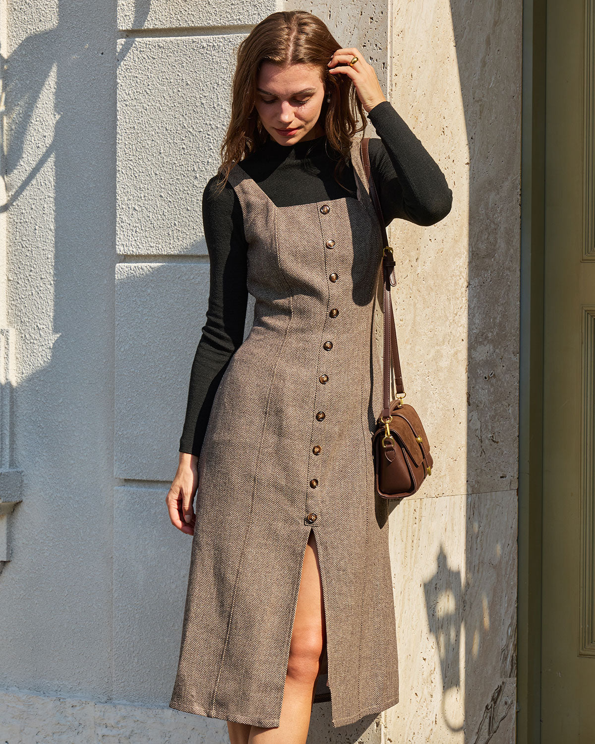 Brown A-Line Sleeveless Slit Midi Dress