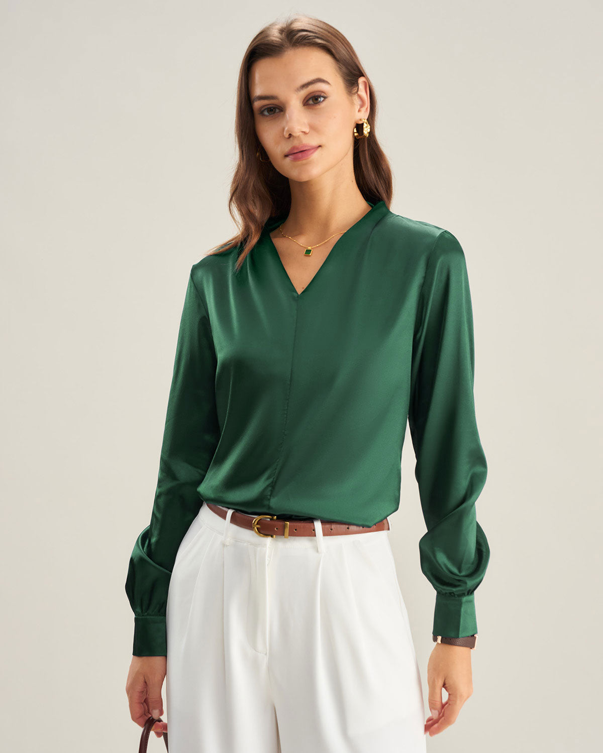 Green Satin V Neck Shirt