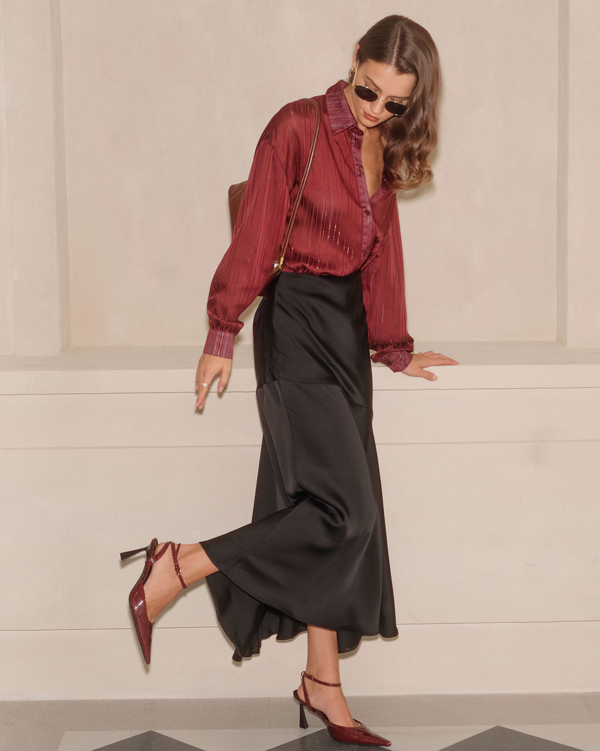 Wine Red Sparkly Loose Shirt