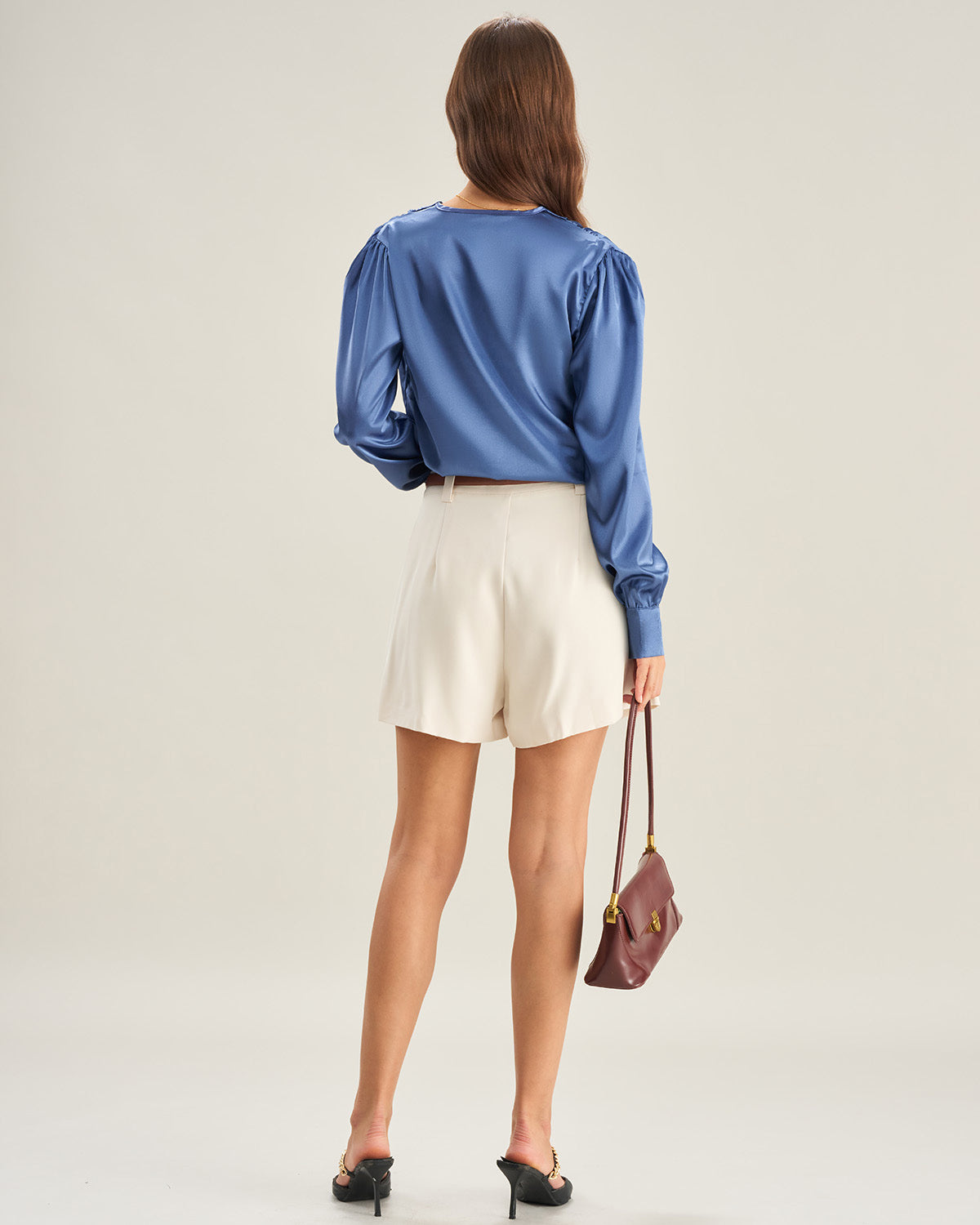 Blue Satin V Neck Loose Shirt