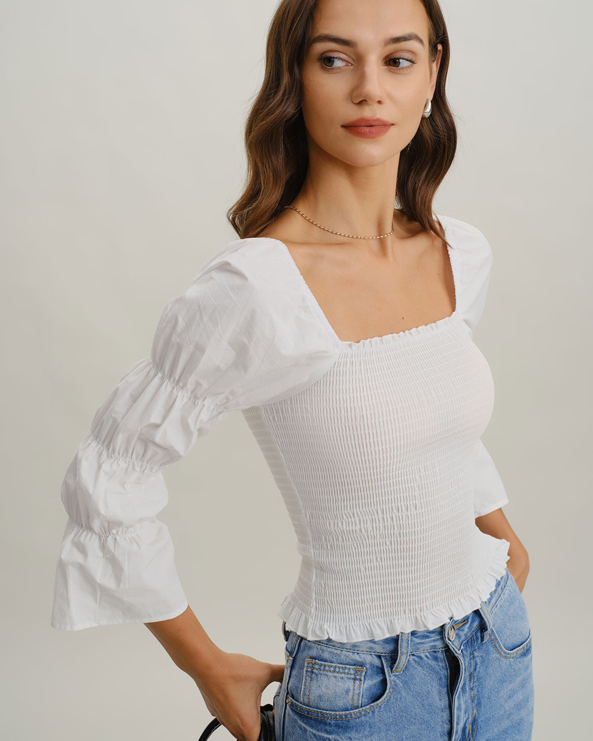 White Square Neck Shirred Blouse