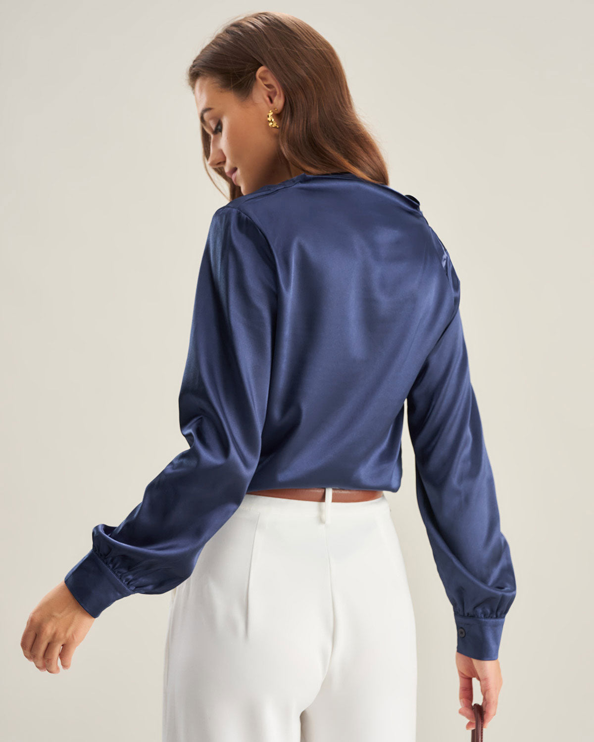 Blue Satin V Neck Shirt