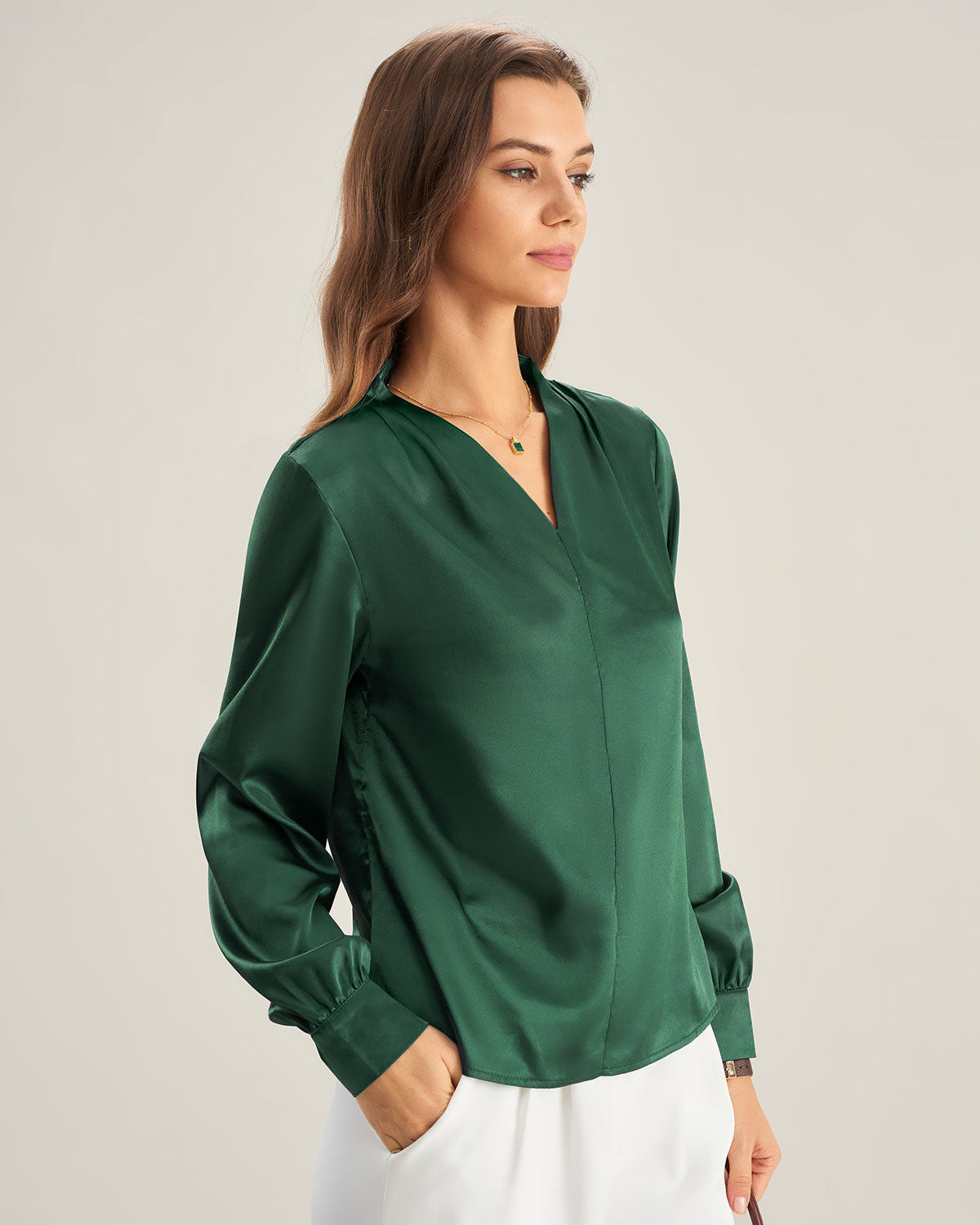 Green Satin V Neck Shirt