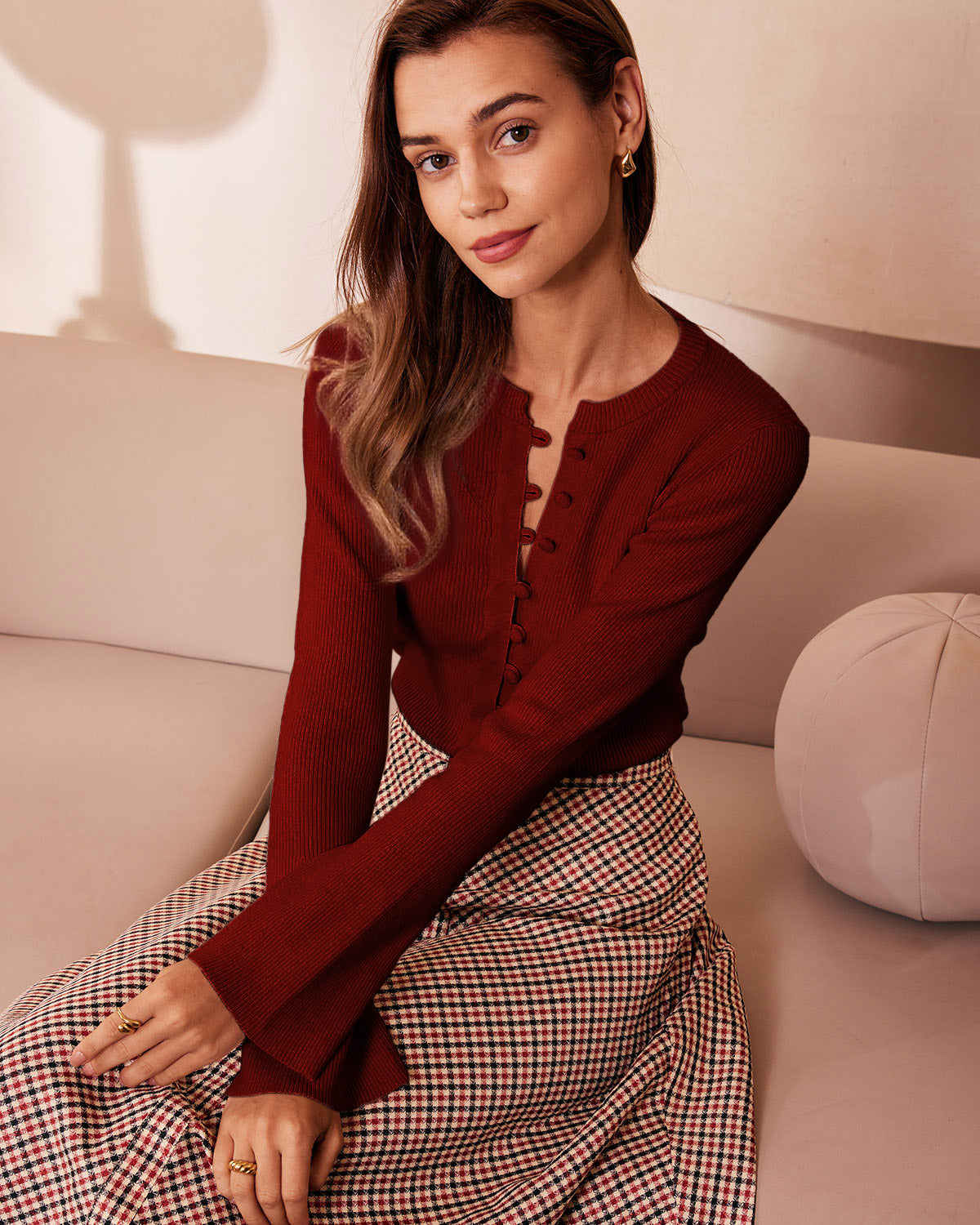 Red Bell Sleeve Ribbed Knit Tee