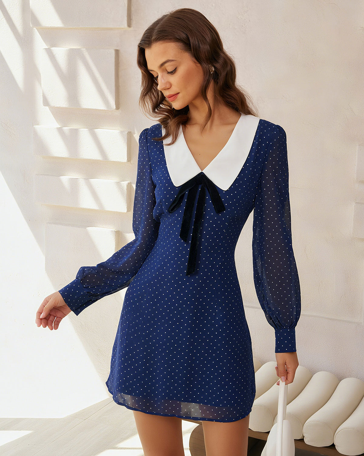 Blue Polka Dot Chiffon Mini Dress