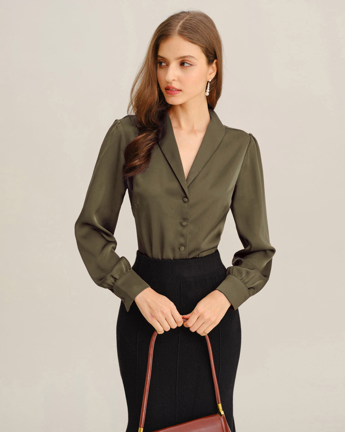 Green Satin V-Neck Shirt