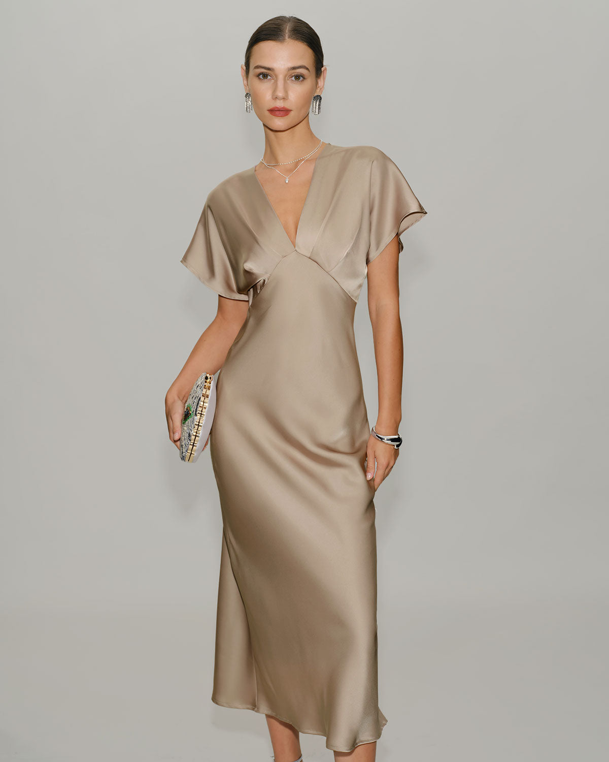 Apricot Satin V Neck A-Line Midi Dress