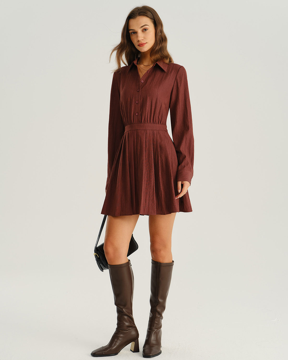 Brick Red A-Line Pleated Mini Dress