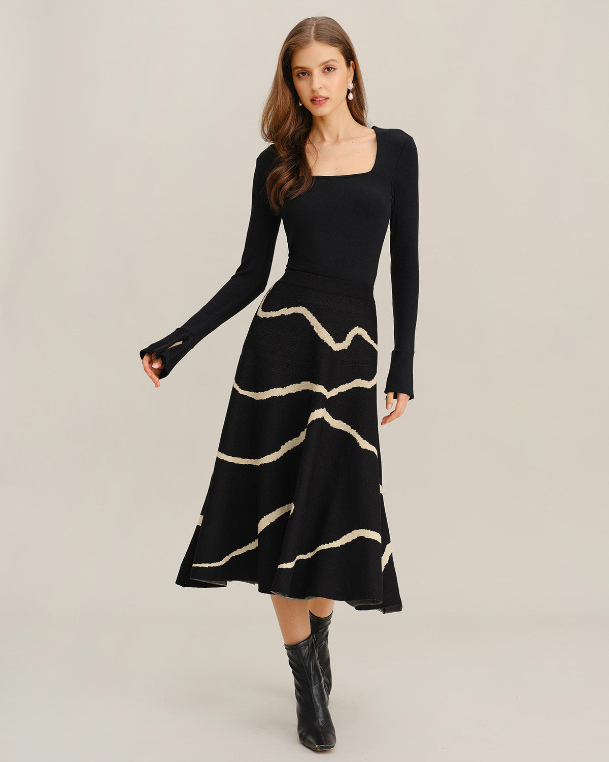 Black Geometric Elastic Waist Midi Skirt