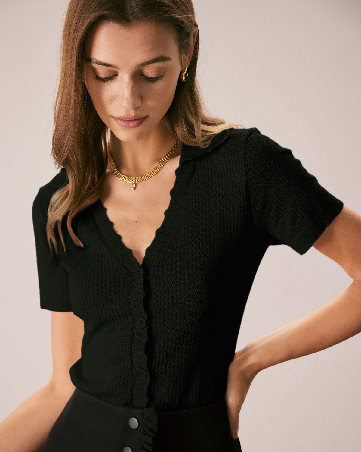 Black V Neck Button Pointelle Knit Tee