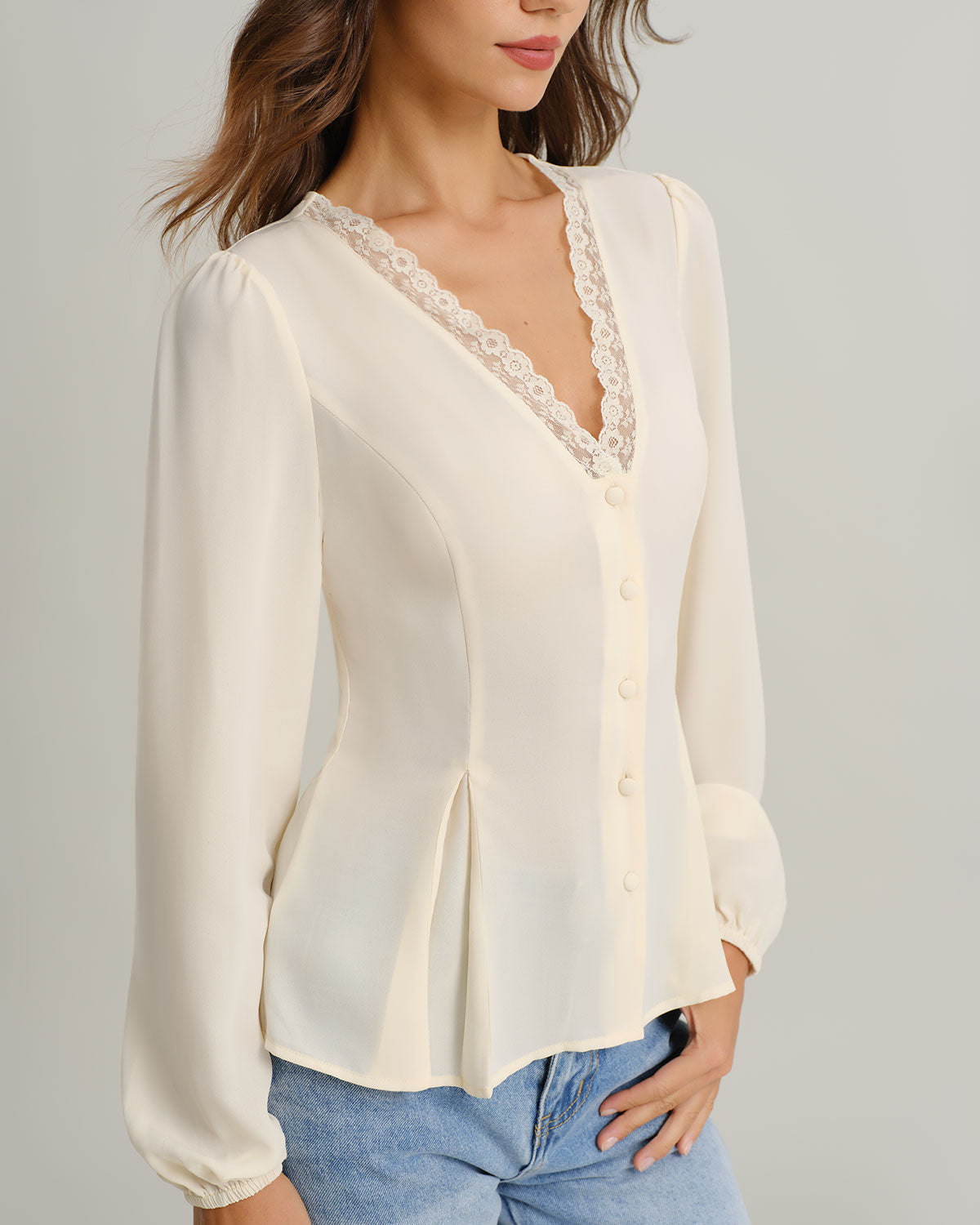 Apricot V Neck Lace Lantern Sleeve Blouse