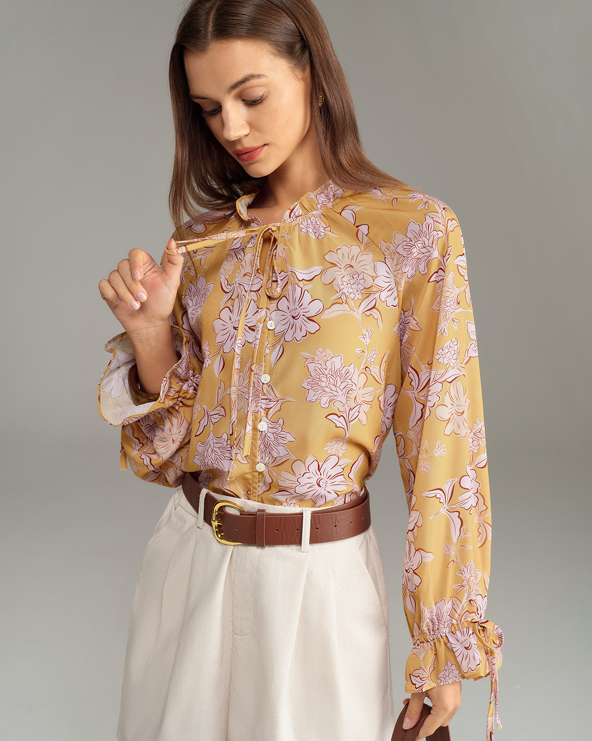 Yellow Floral Ruffle Bell Sleeve Shirt