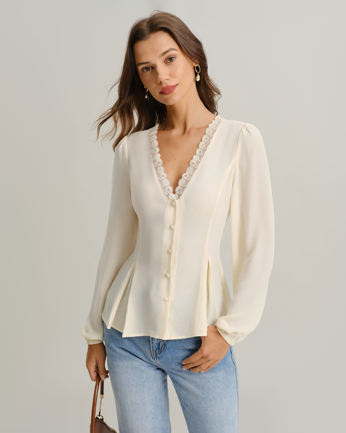 Apricot V Neck Lace Lantern Sleeve Blouse
