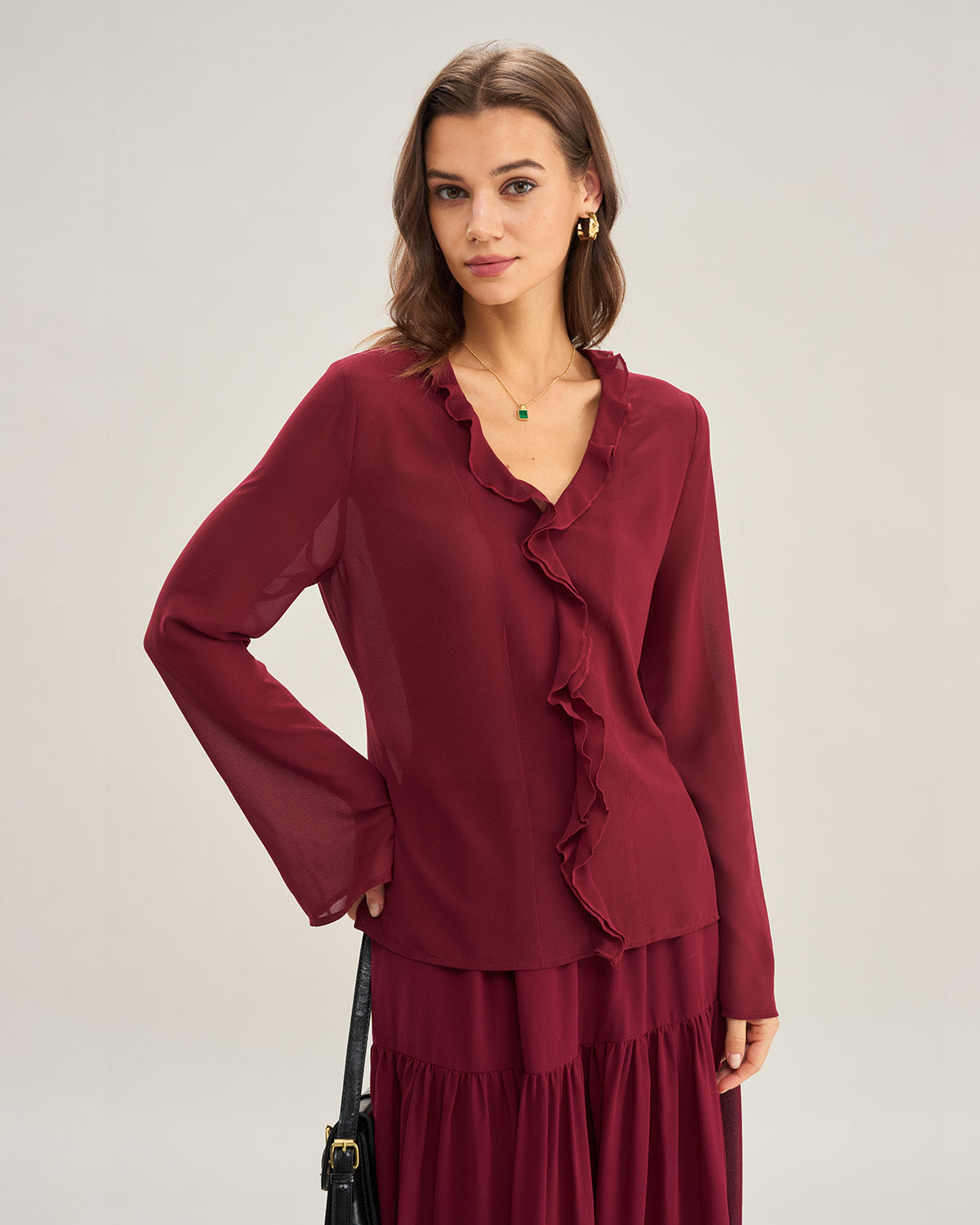 Wine Red Ruffle Chiffon Shirt