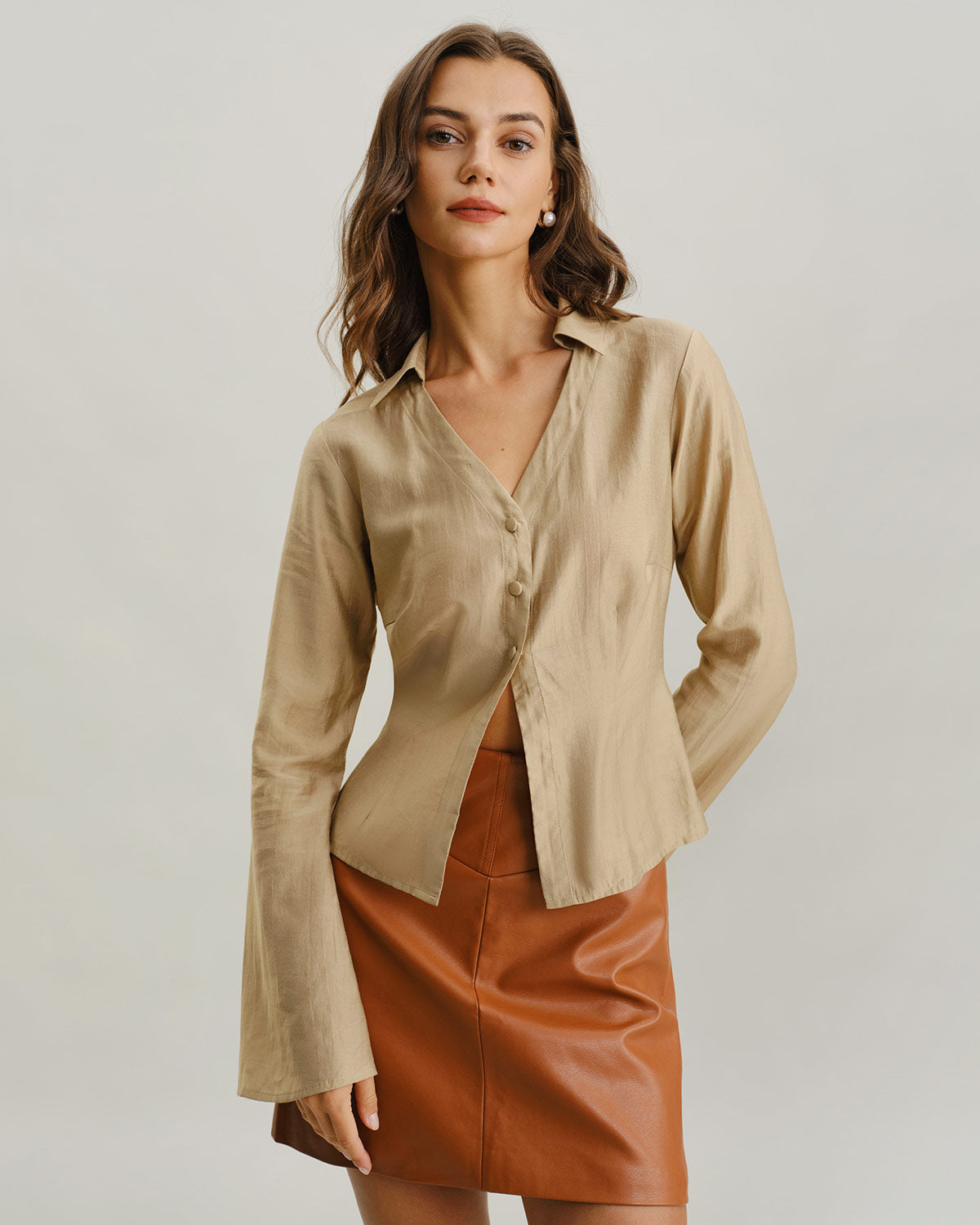 Khaki V Neck Bell Sleeve Shirt