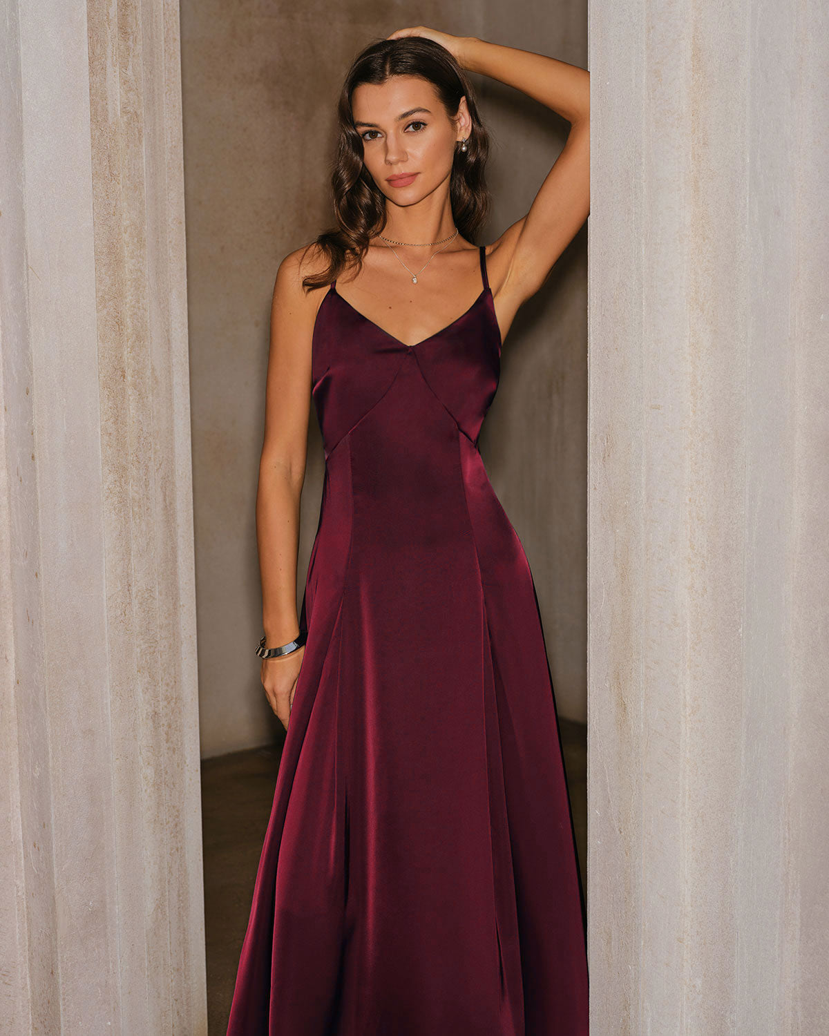 Wine Red Satin A-Line Slip Maxi Dress