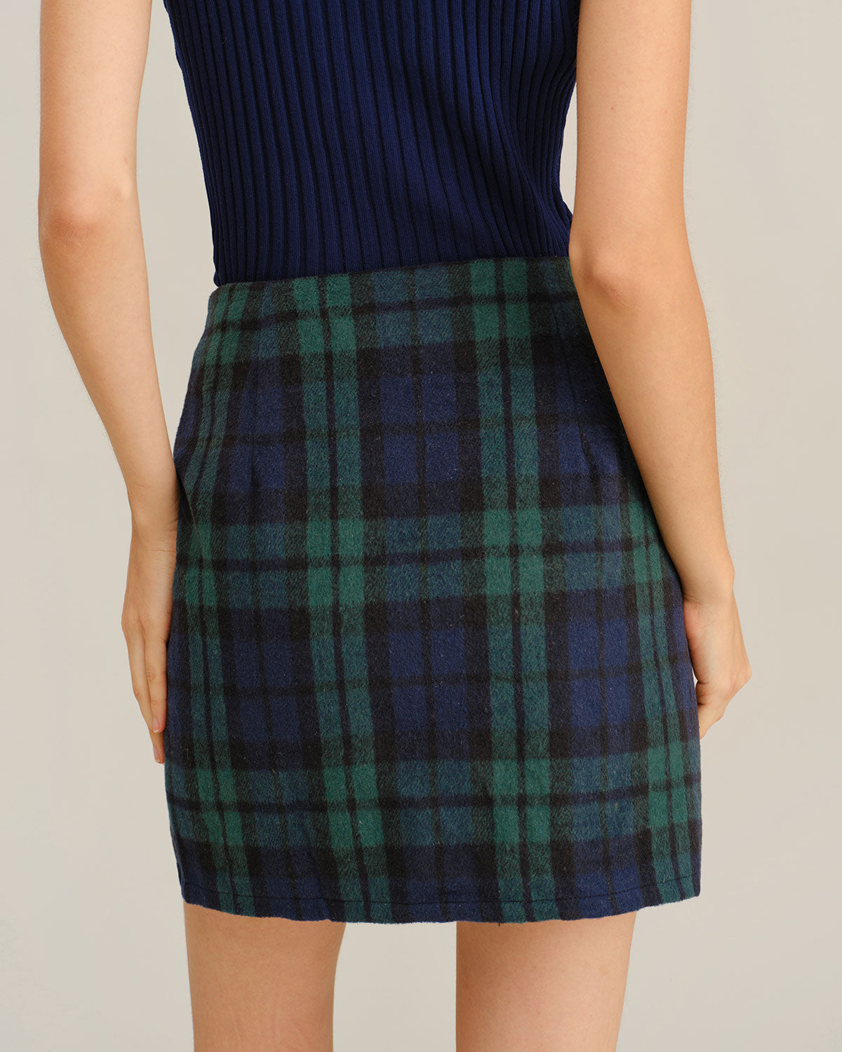Green Plaid Straight Mini Skirt