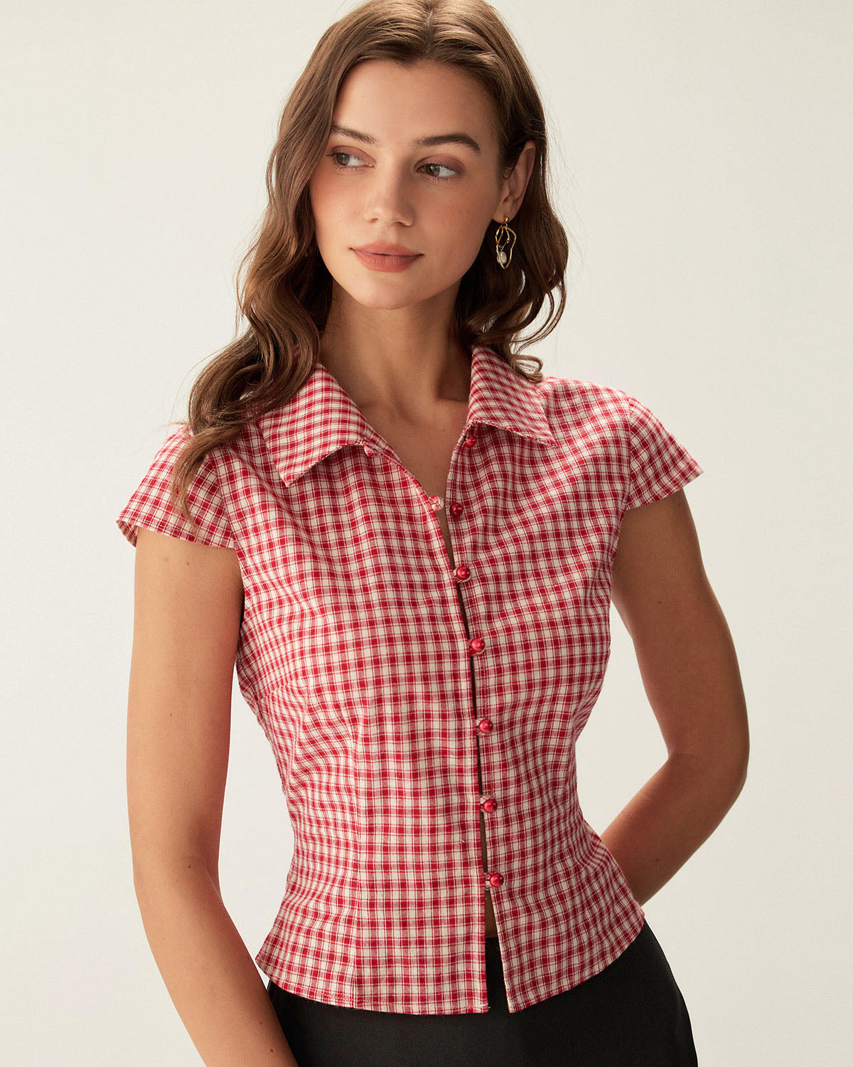 Red Plaid Cap Sleeve Button Blouse