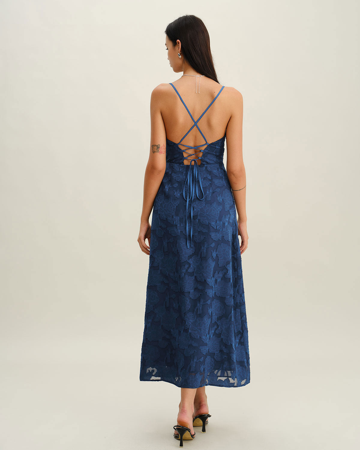Navy Jacquard Slip Backless Maxi Dress