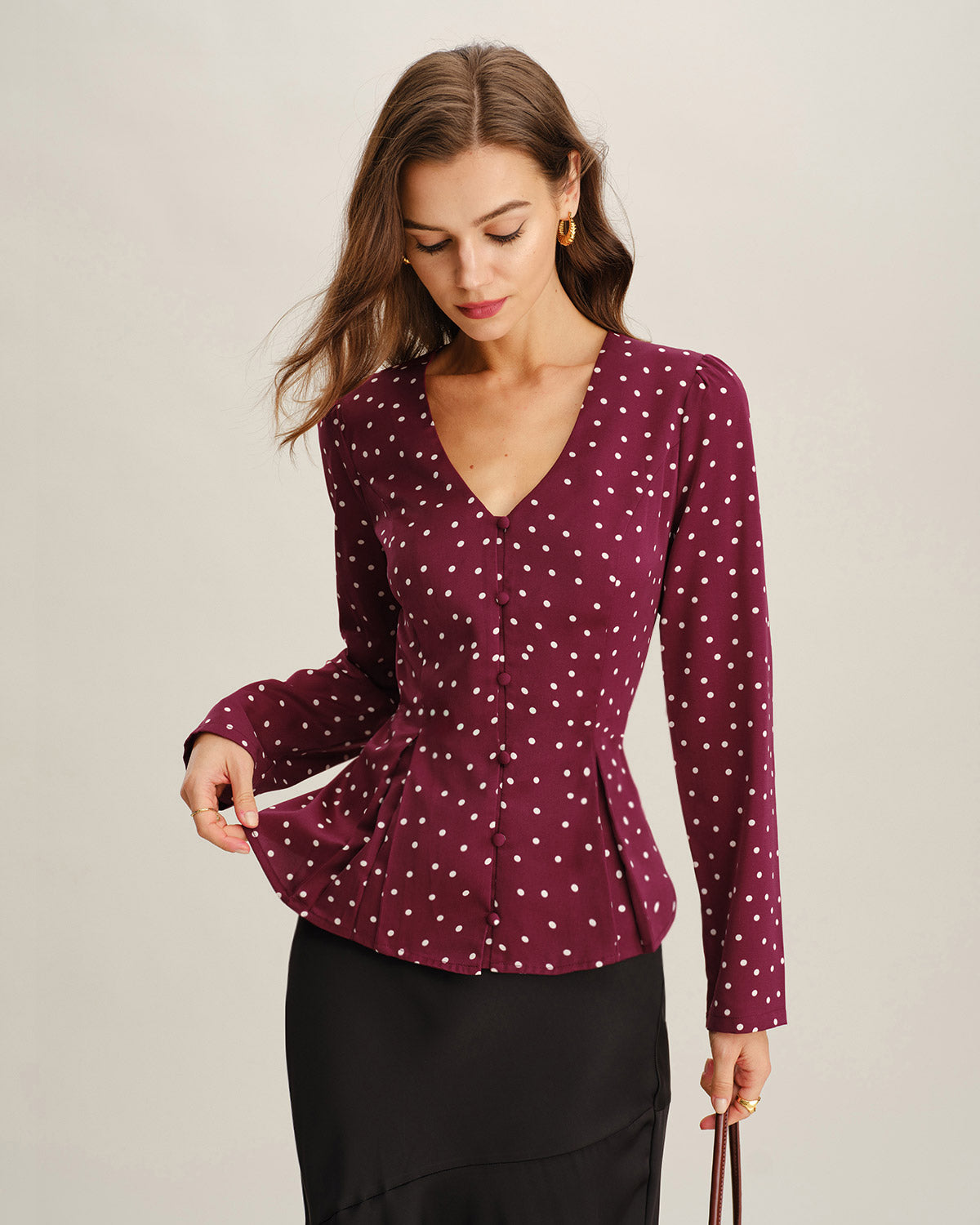 Wine Red Polka Dot V Neck Blouse