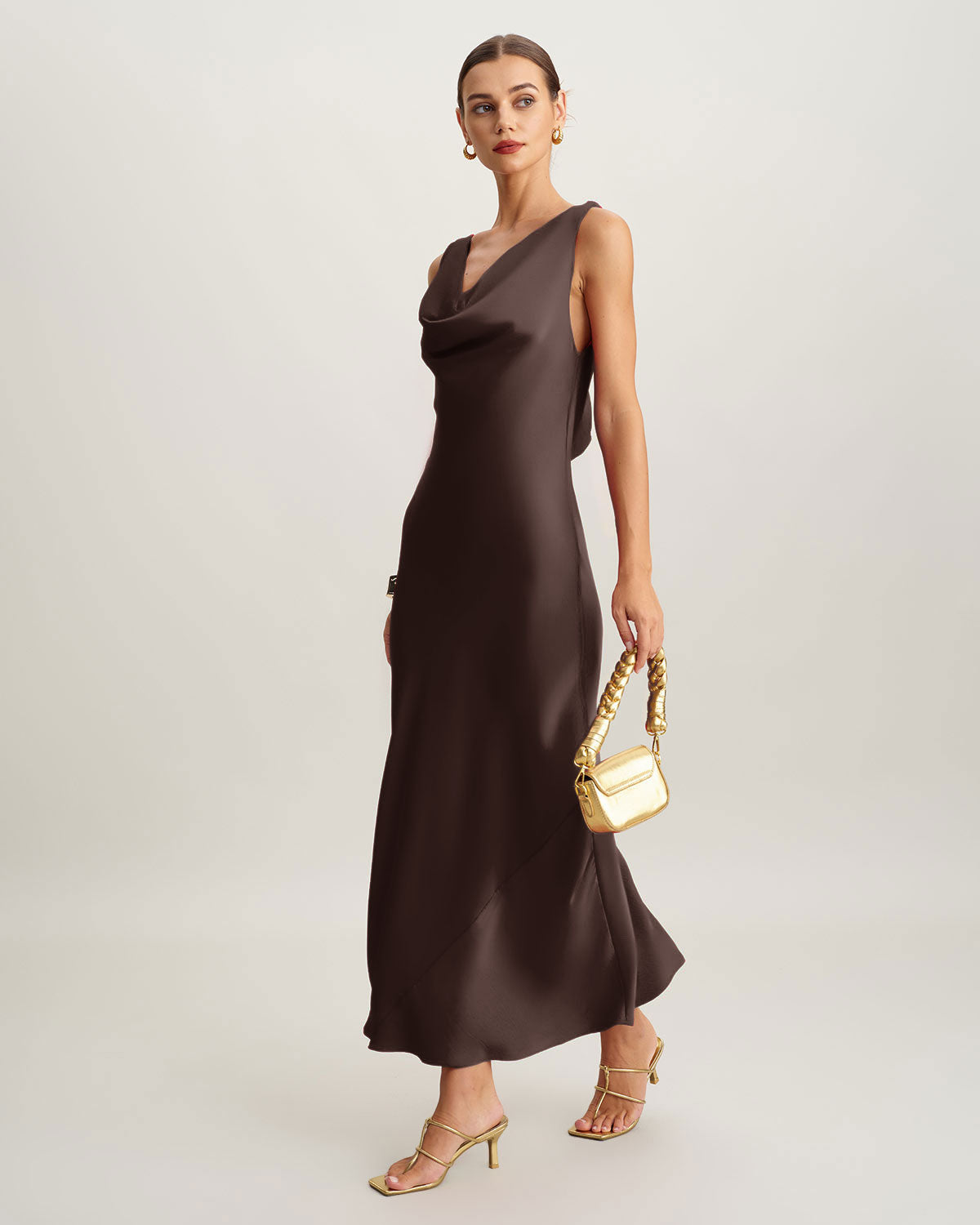 Coffee Satin Cowl Neck Maxi Dress