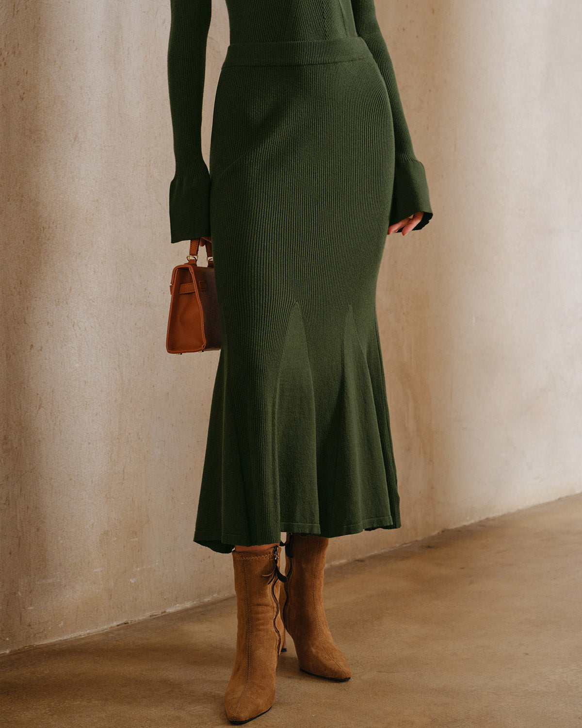 Green Knit Mermaid Midi Skirt