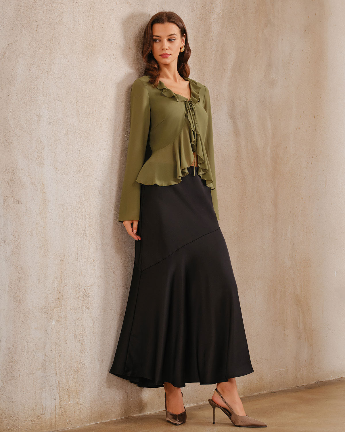 Green Chiffon Ruffle Bell Sleeve Blouse