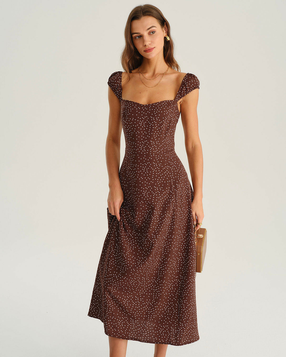 Brown Polka Dot Cap Sleeve Midi Dress