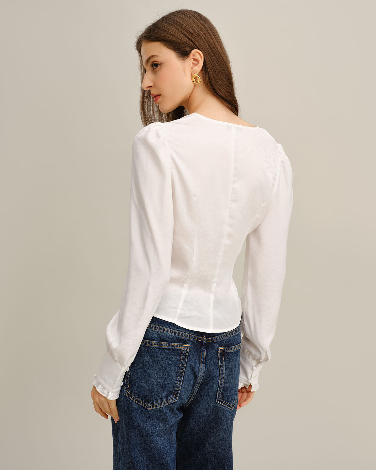White Ruched V Neck Shirt