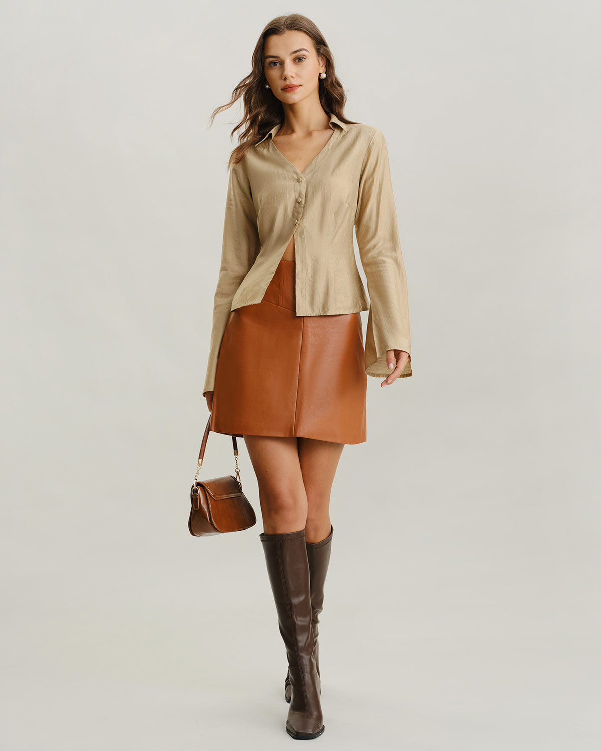 Khaki V Neck Bell Sleeve Shirt