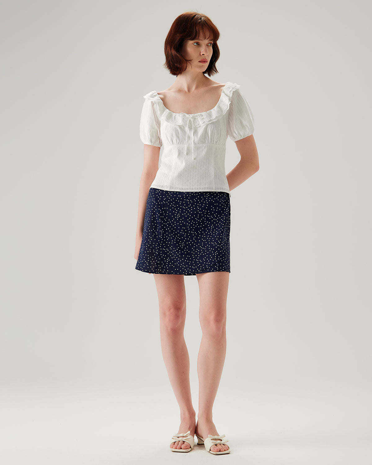 White Textured Scoop Neck Ruffle Blouse