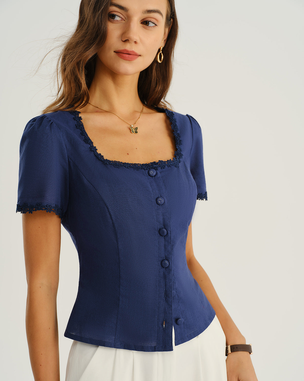 Navy Square Neck Button Blouse