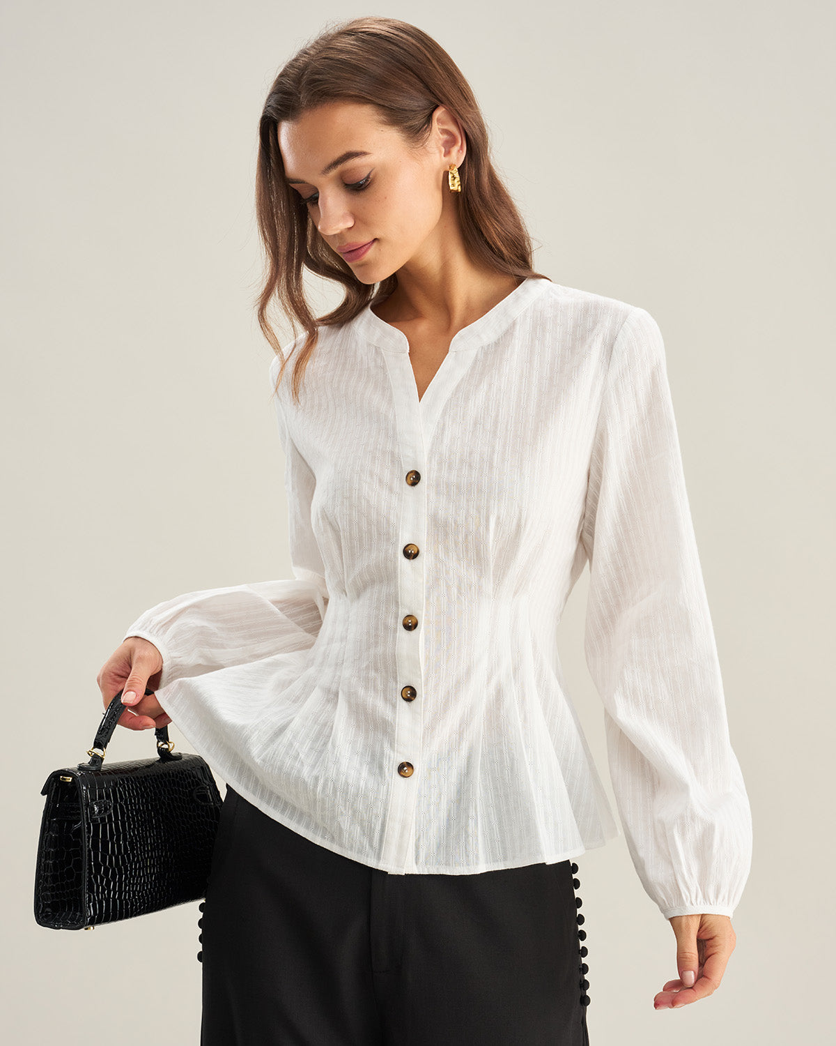 Beige Ruched Lantern Sleeve Shirt