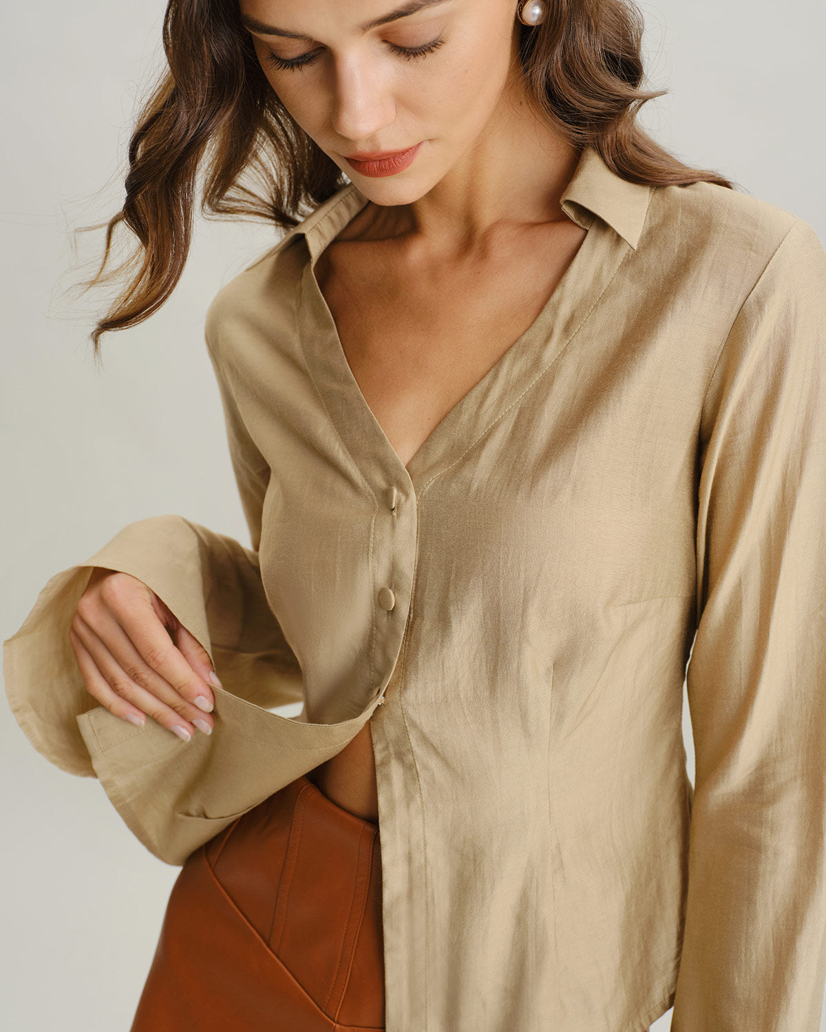 Khaki V Neck Bell Sleeve Shirt